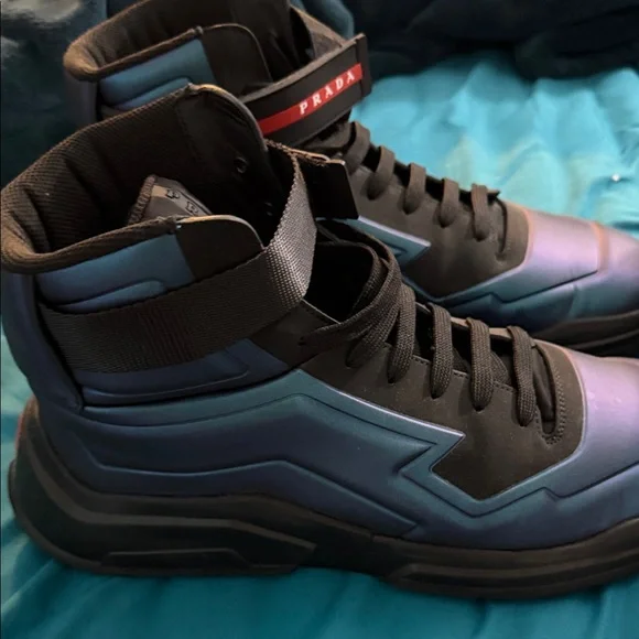 Prada Polarius Futuristic Black Iridescent High Top Sneakers Men's Size 12 - Picture 8 of 9